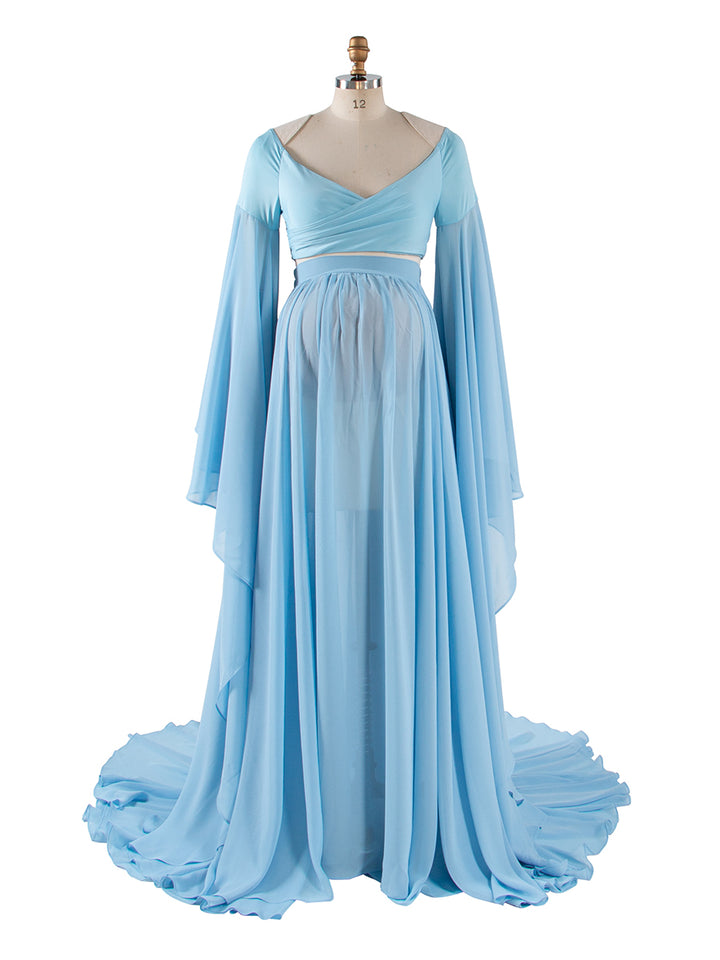 Herbst Umstandskleid für Bilder Rüschenärmel Umstandskleid mit langer Schleppe Boho-Kleid für Fotoshooting YW243111 
