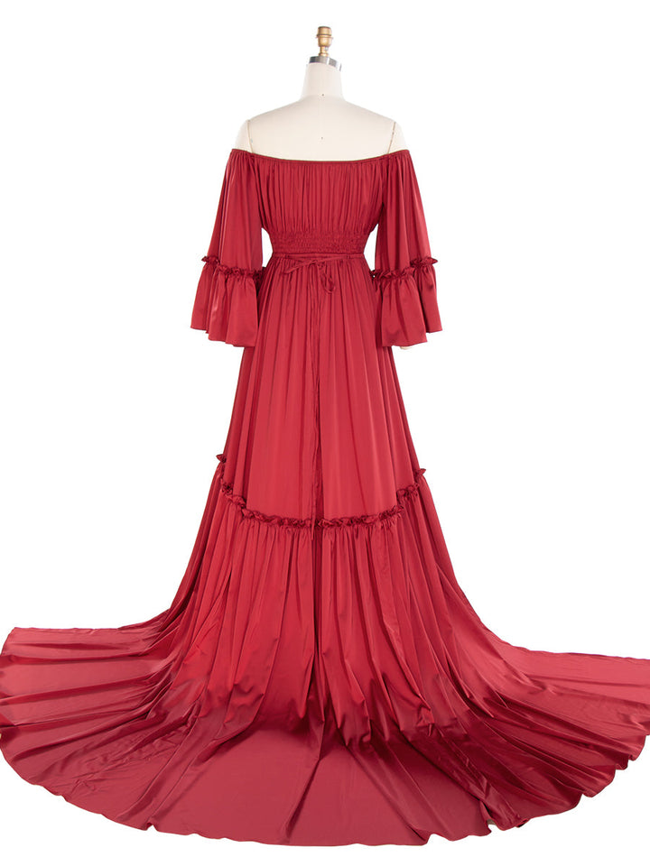 Damen-Fotografiekleid mit Ärmeln mit Seitenschlitzen, elastischer Taille, Kundenschrank, Fotoshooting-Kleid YW240042