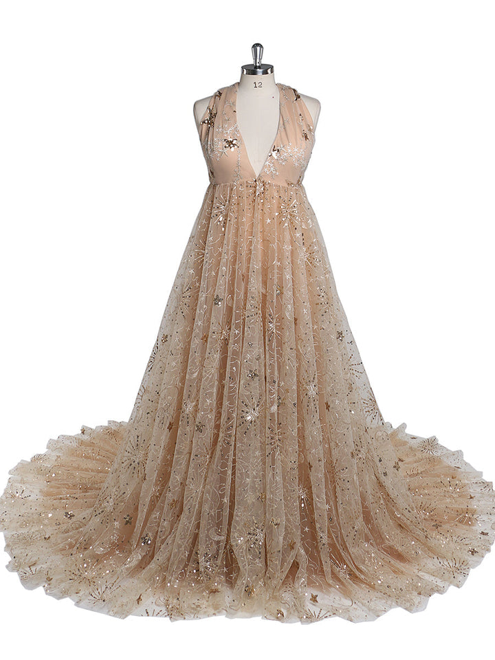 Champagner Glitzer Pailletten V-Ausschnitt Abendkleid Langes Damen Formales Partykleid Seitenschlitz Umstandskleid für Fotoshootings YEWEN YW211213 