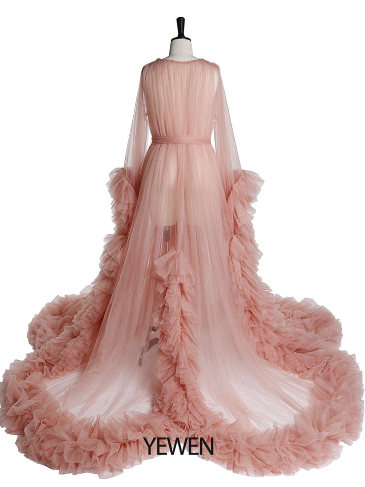 Langärmliges Umstandskleid für Fotoshootings, gerüschtes Tüllkleid mit V-Ausschnitt, Party- und Abendkleid 