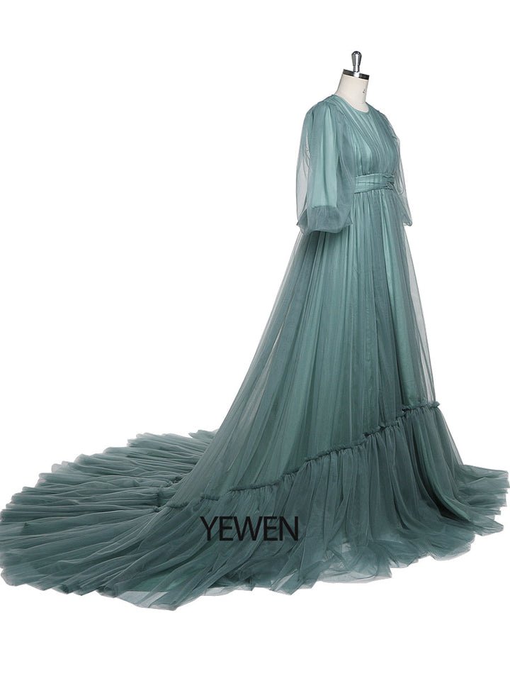 Puffärmel Abendkleid Lang Rundhals Damen Elegant Partykleid Fotoshooting Kleider YEWEN YD21919 