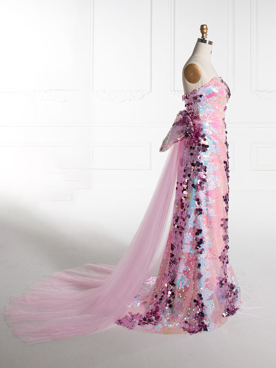 Mermaid Strapless ,Floor-Length, Sequin Prom Dresses With Sequins 