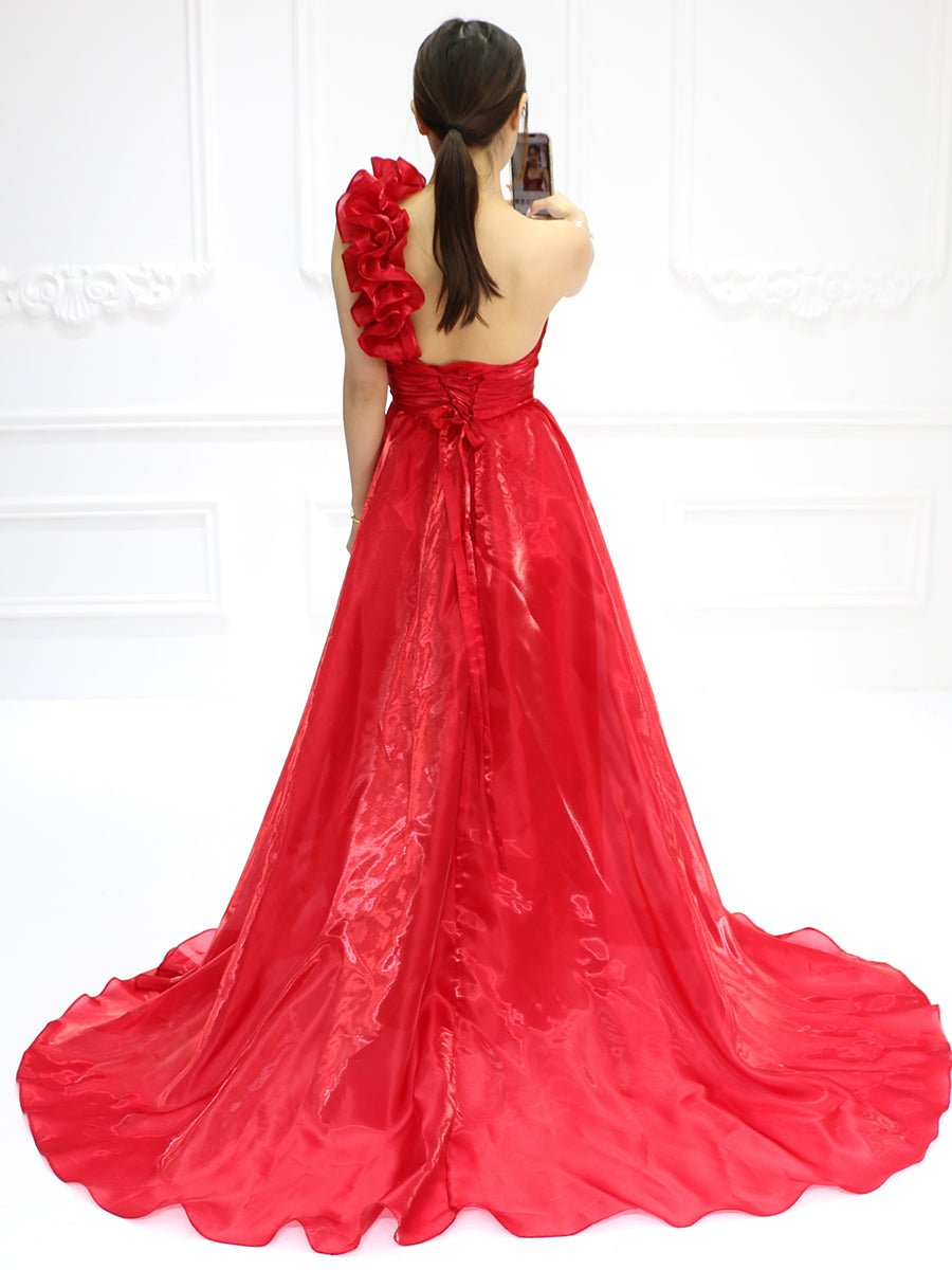 Einfaches Herzausschnitt-Seidenorganza-Langballkleid, Partykleid, Weihnachtskleid, Feiertagskleid, YEWEN YW231131 
