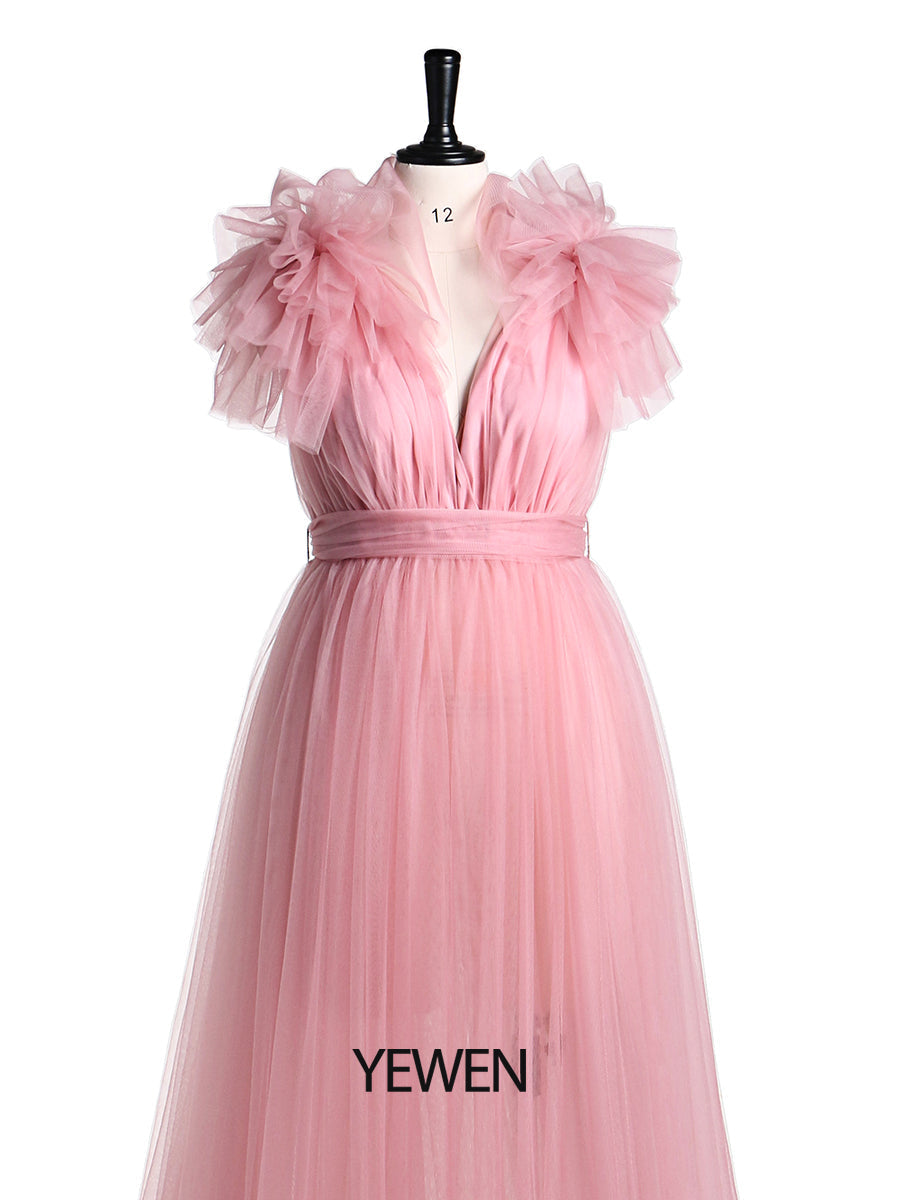 Umstandskleid für Fotoshootings, Bauchschlitz vorne, Schulterrüschen, Fotografie-Maxikleid, Babyparty-Kleid YD217051 