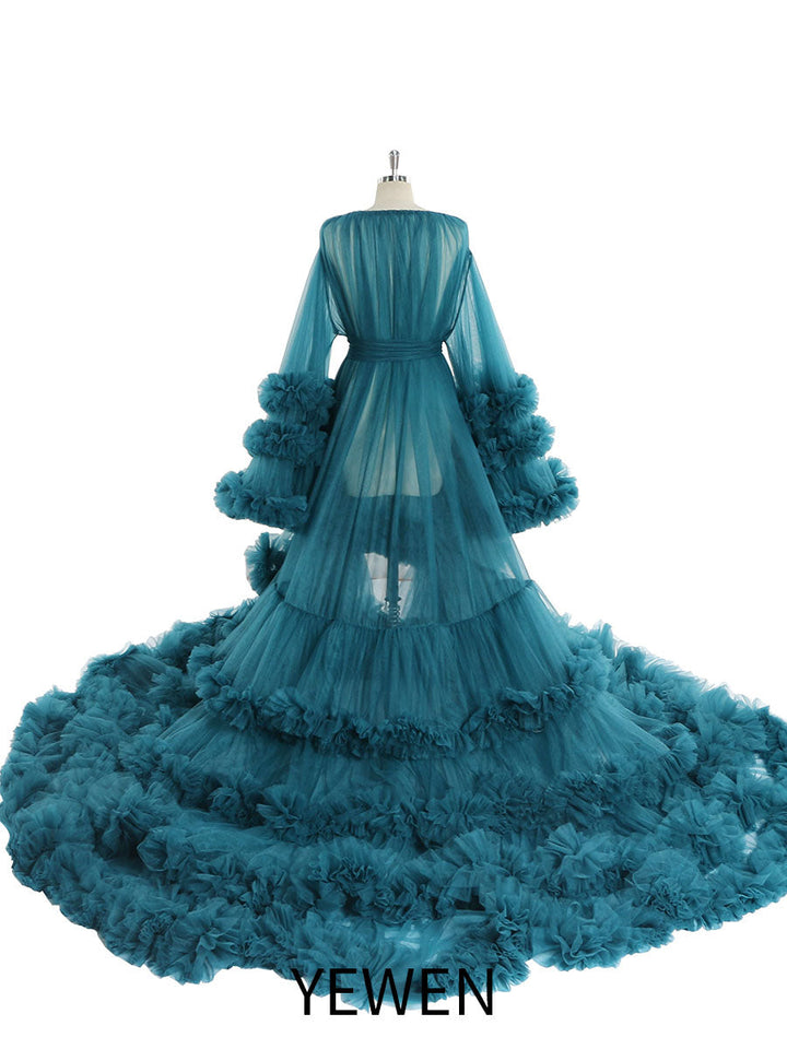 Langes Umstandskleid mit Tüllrüschen für Babyparty, Fotografie, Schwangeres Kleid YW220931 
