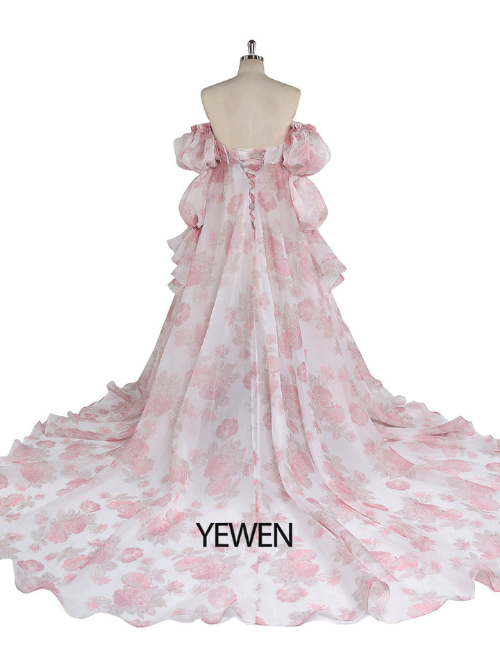 Neue Umstandskleider aus Organza-Seide mit Blumendruck für Fotoshootings, Babypartys, Fotografie-Requisiten, Schnürung am Rücken, YW221105 