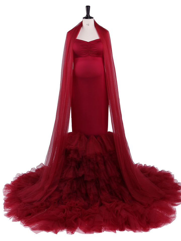 Burgunderrotes Meerjungfrauen-Umstandskleid für Fotoshootings, Kleid für Babyparty YW21036 