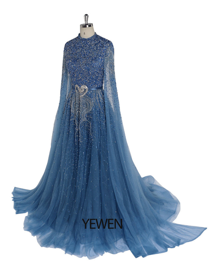 Blaue A-Linie High-End Perlen Luxus Cape Ärmel Abendkleider YEWEN 