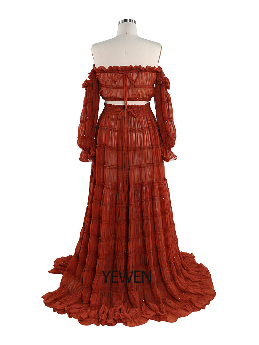 Elegant 2 Piece Set dress Boho Summer Beach Dress Woman Photo Shoot Gowns Side Slit  YEWEN YW220821
