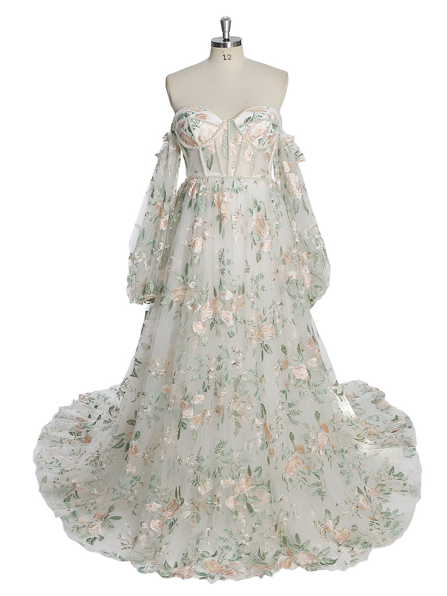 Trägerloses Brautkleid mit langen Ärmeln, Stickerei und Blumenmuster und farbigen Perlen, Kleid für Fotoshootings, YW230306 