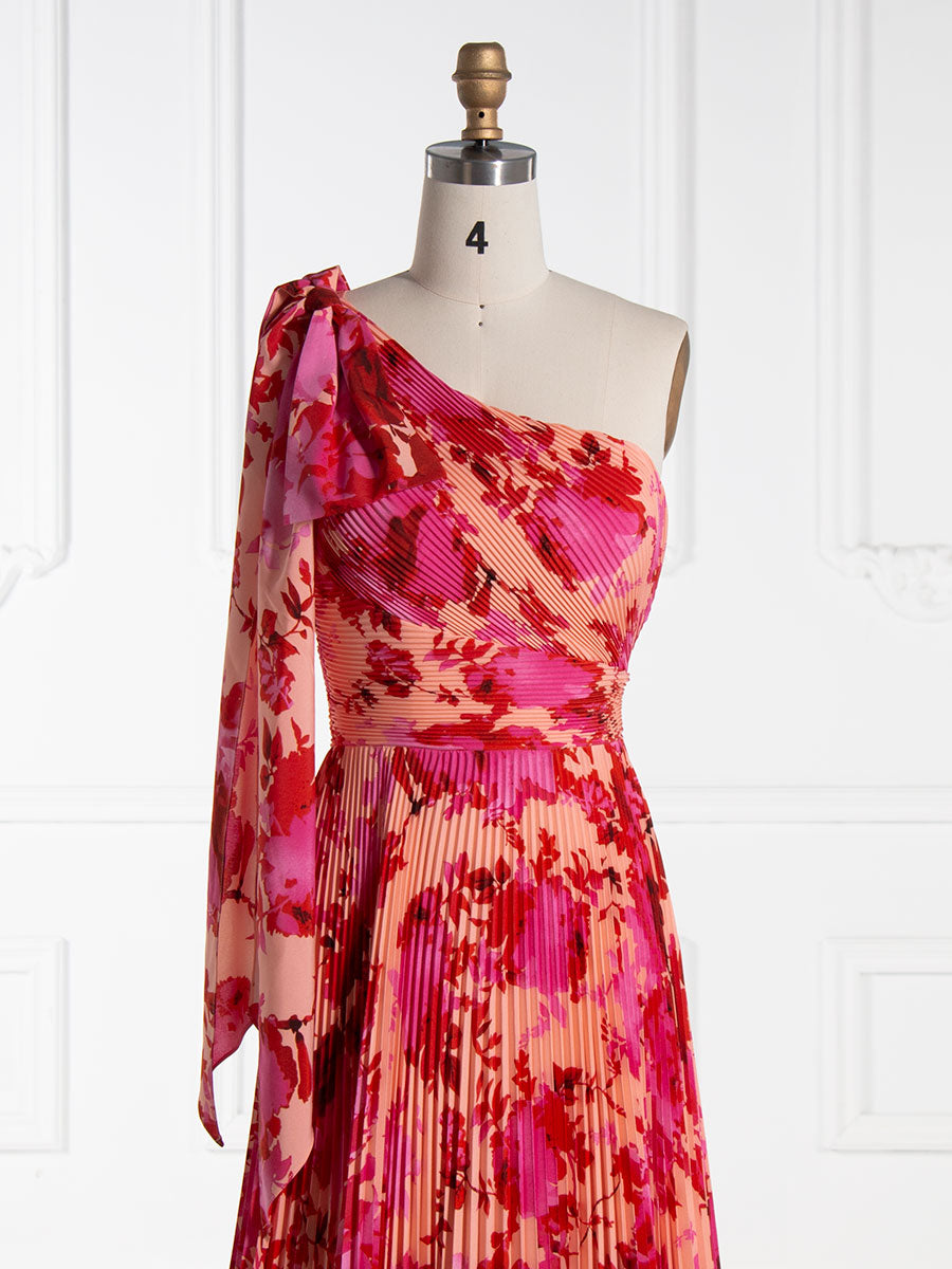 A-line, Asymmetrica Red Printed Pleated, Prom Party Dresses, Floor Length