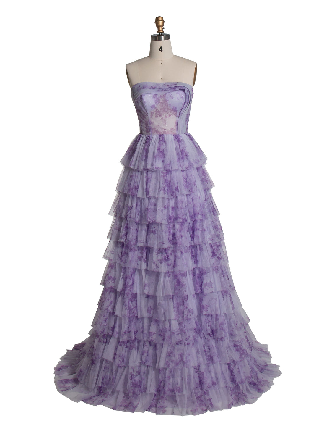 Elegantes lavendelfarbenes Stufenkleid aus mehrlagigem, bedrucktem Tüll, Ball- und Partykleid YE3024 