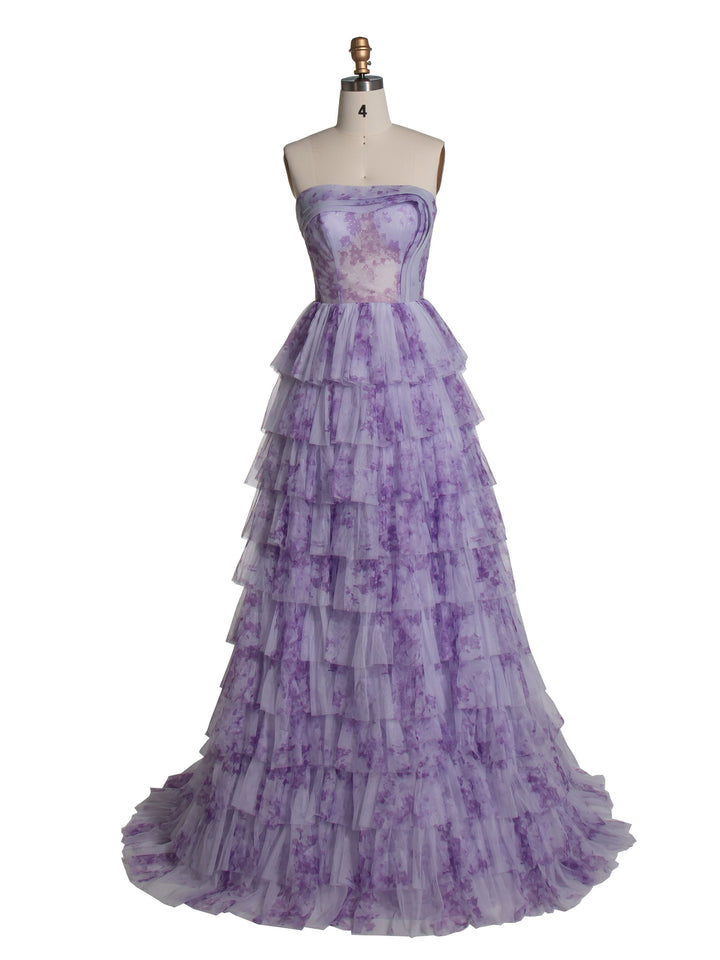 Elegantes lavendelfarbenes Stufenkleid aus mehrlagigem, bedrucktem Tüll, Ball- und Partykleid YE3024 