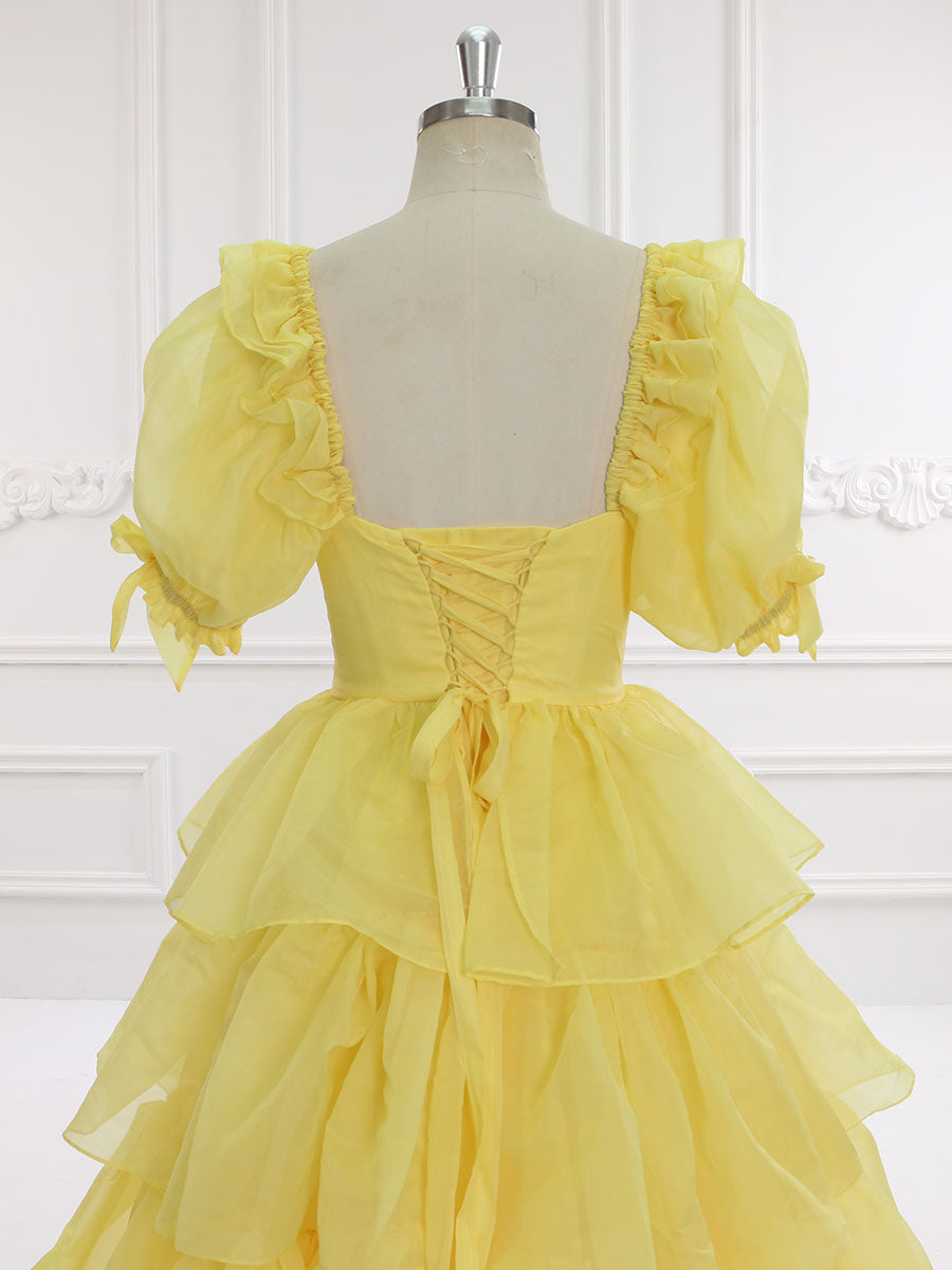 Gelbes Ballkleid mit Rüschen, Abendkleid, Partykleid, Fotoshooting-Kleid, Outfits YW231128 