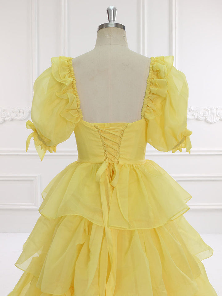 Gelbes Ballkleid mit Rüschen, Abendkleid, Partykleid, Fotoshooting-Kleid, Outfits YW231128 
