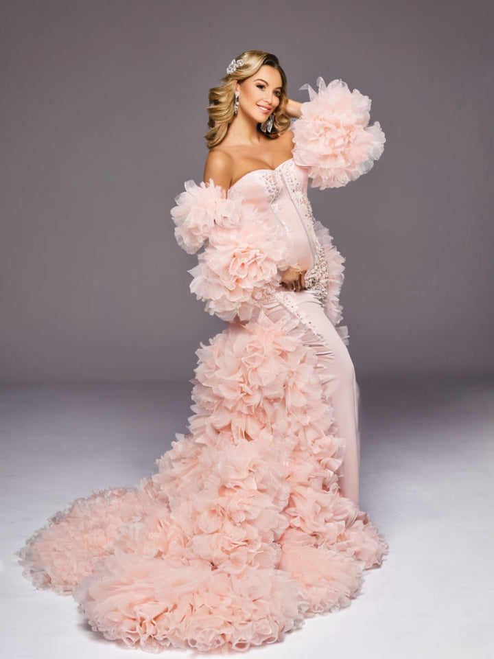 Maßgeschneidertes Umstandskleid mit 3D-Blumenmuster, Brautkleid, Fotografie-Umhang mit Kleid, Schwangerschaftskleid für Fotoshooting-Outfit, YEWEN 
