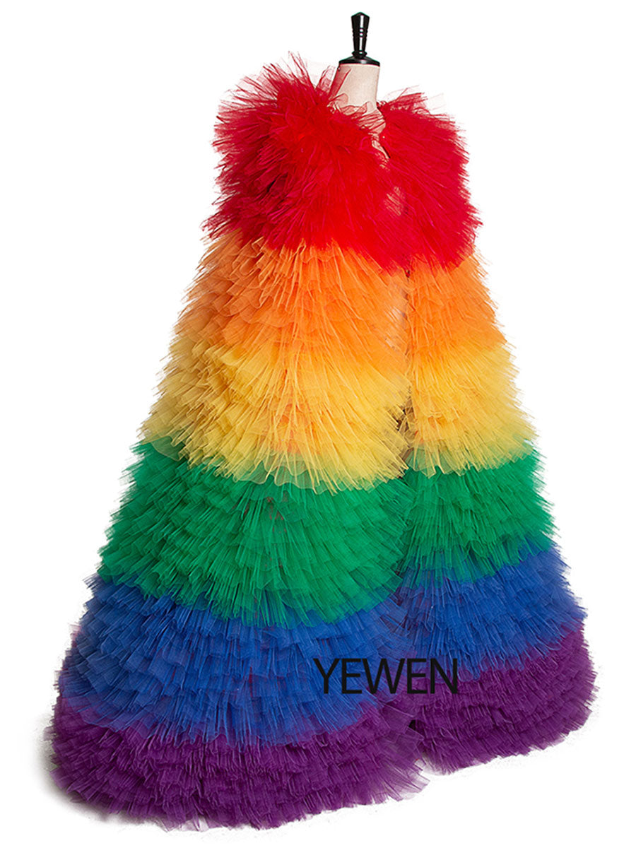 Wunderschöner Regenbogen-Tüll-Abschlussball-Abend-Umstandsmantel für Damen, Hochzeitsjacke, eleganter Promi-Umhang, Fotografie-Requisiten, YEWEN 