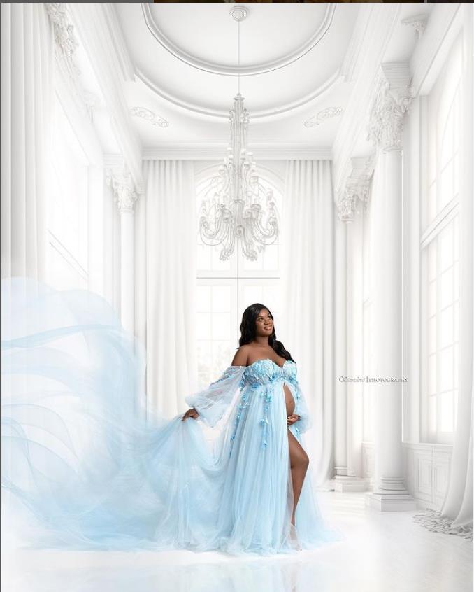 Wunderschöne Langarm Tüll Spitze Blume Mutterschaft Foto-Shooting Kleider Foto-Shootings Kleid für Hochzeitsgäste YW221109