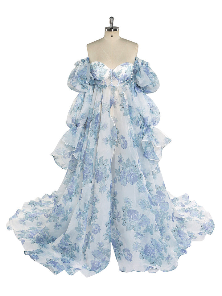 Versandfertig - Blaue Organza-Umstandskleider mit Blumenmuster für Fotoshootings YW221105 