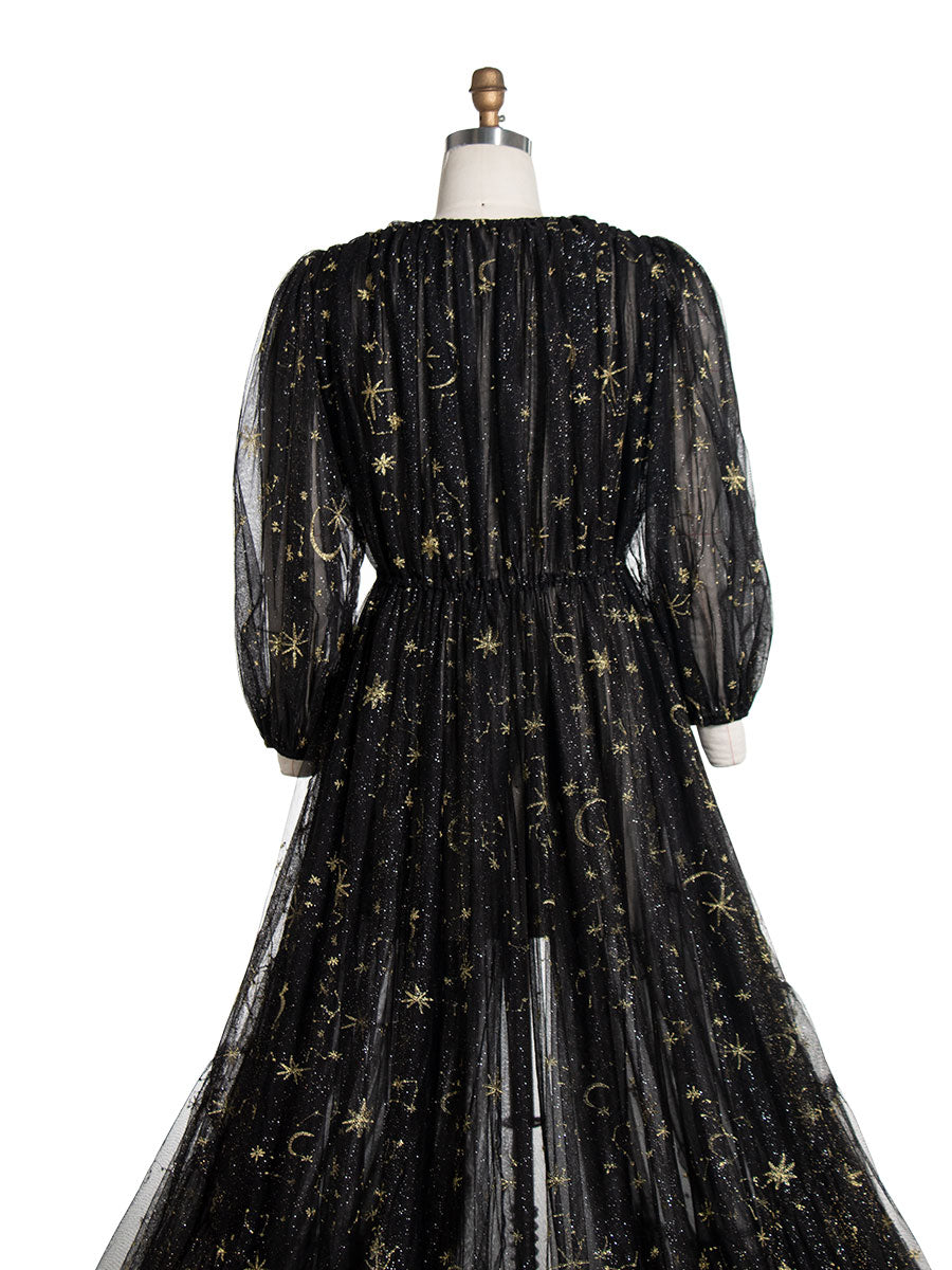 Schwarzer Tüll mit bestickten goldenen Sternen, lange Ärmel, durchsichtiges Fotoshooting-Kleid YW220217-1 