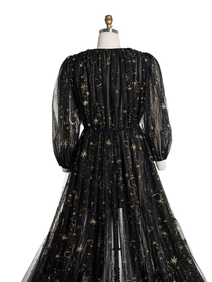 Schwarzer Tüll mit bestickten goldenen Sternen, lange Ärmel, durchsichtiges Fotoshooting-Kleid YW220217-1 