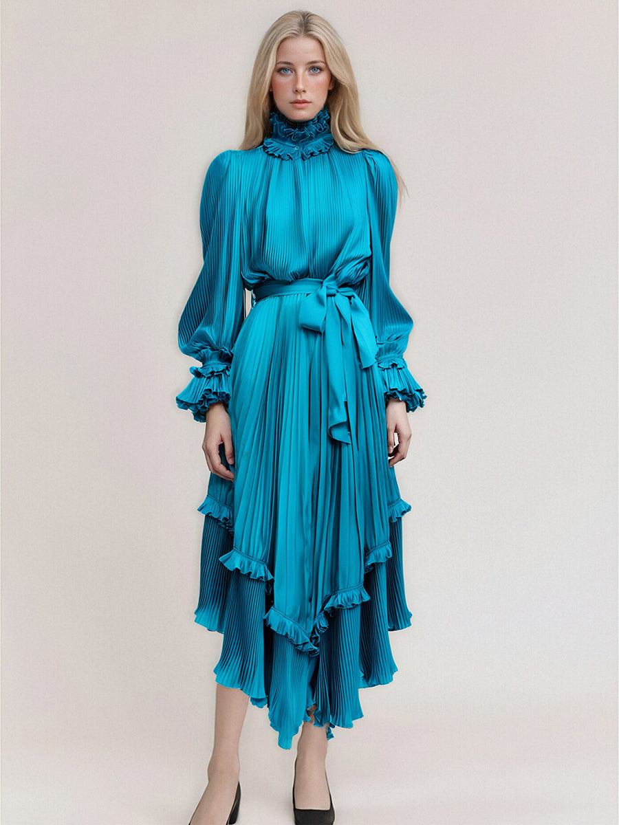 Gefaltete Lange Frauen Kleider Solide Langen Ärmeln High Neck Gefaltete Weibliche Kleid 2025 Sommer Lose Party Dame Robe 