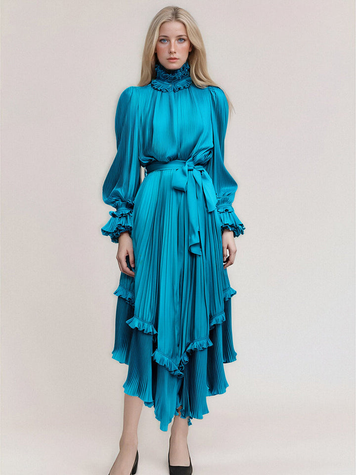Gefaltete Lange Frauen Kleider Solide Langen Ärmeln High Neck Gefaltete Weibliche Kleid 2025 Sommer Lose Party Dame Robe 