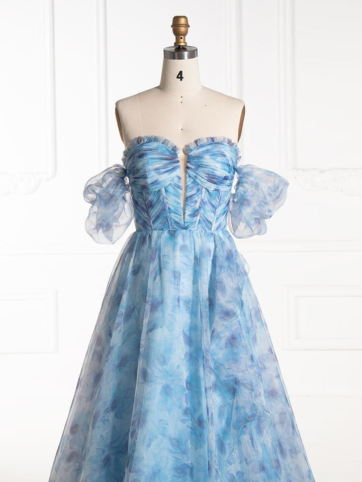 A-line, Off The Shoulder, Blue Floral Printed ,Prom Party Dress 