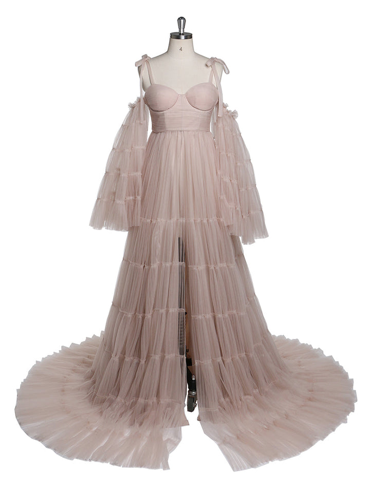 Plissiertes Umstandskleid aus Tüll für Fotoshootings, große ausgestellte Ärmel, Fotoshooting-Kleid für Damen, YW21025