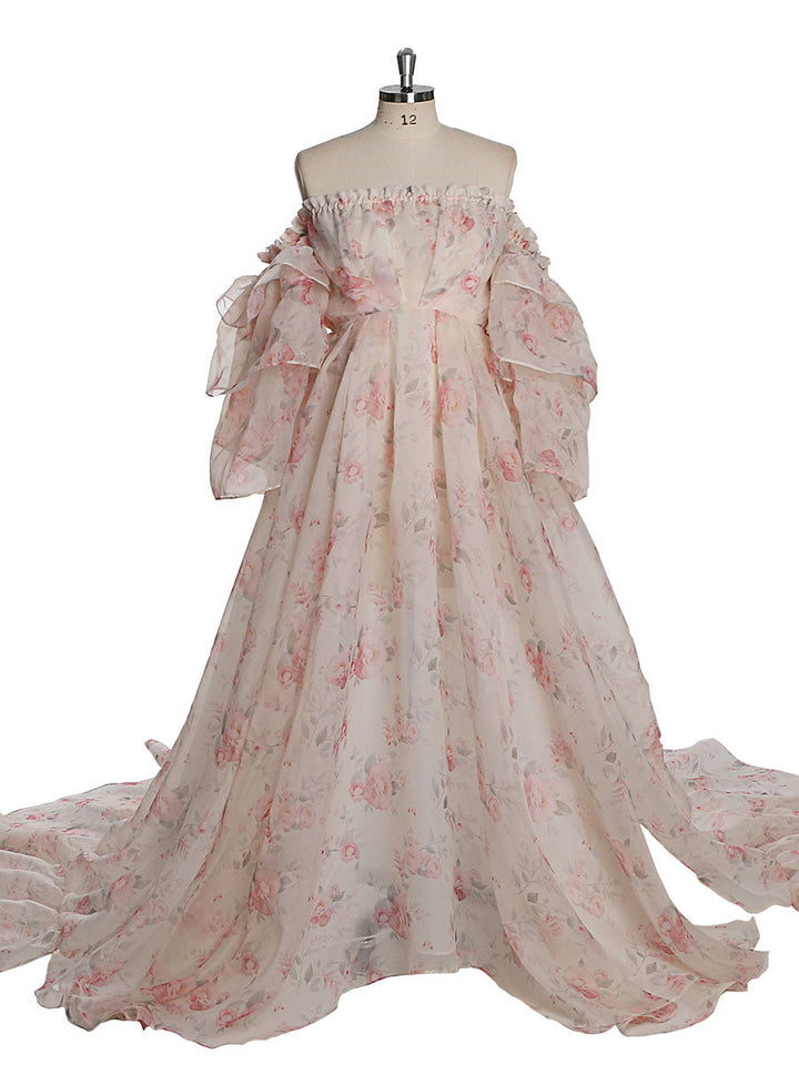 Trägerloses Umstandskleid Fotoshooting Print Floral Seide Weicher Organza Frau Maxikleid Seitenschlitz YW231002 