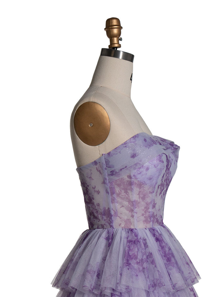 Elegantes lavendelfarbenes Stufenkleid aus mehrlagigem, bedrucktem Tüll, Ball- und Partykleid YE3024 