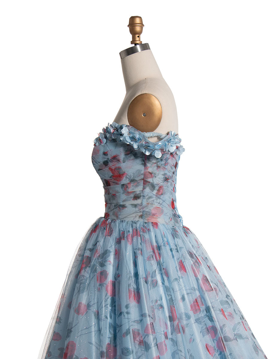 Elegantes schulterfreies Ballkleid mit Blumenmuster und Schleppe YE3023 