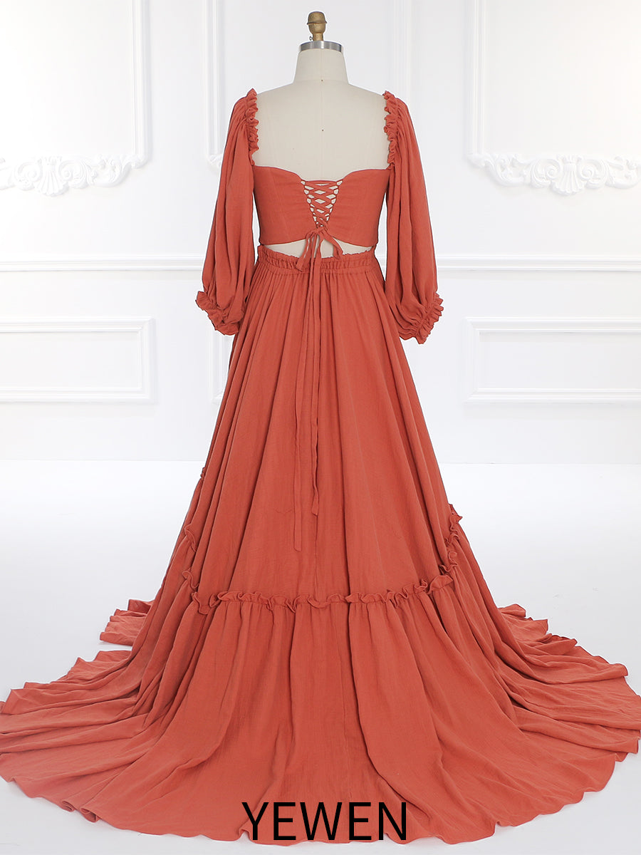 Long Sleeves , Elastic Back Waist, Woman Cotton Maxi Dress ,Photoshoot Dresses for Ladies