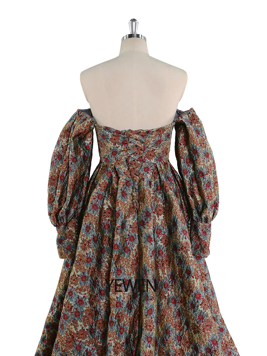 Hochwertiges elegantes Jacquard-Blumen-Abendkleid mit langen Ärmeln im Retro-Stil, Ballkleid für Fotoshootings, YEWEN YW221031 