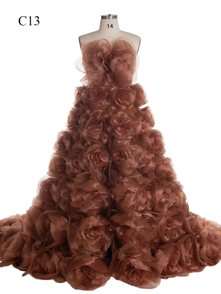 Trägerloses Organza-Umstandskleid mit 3D-Blumen für Fotoshootings, Babyparty, Fotografie-Kleider YW220308 
