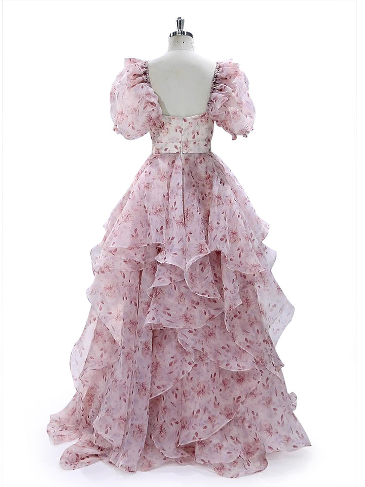 A Line, Floor Length , Pink Printing Floral, Prom Dress