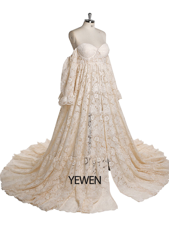 Elegantes Umstandskleid aus Spitze für Fotoshootings, schulterfreies Maxikleid, ausgefallene Fotografie-Requisiten, YEWEN YW220701