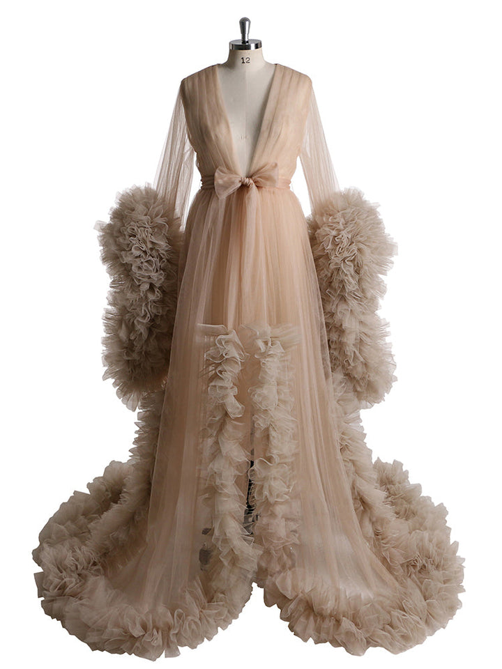 Langärmliges Brautkleid, elegantes, durchsichtiges Maxi-Umstandskleid mit Rüschen