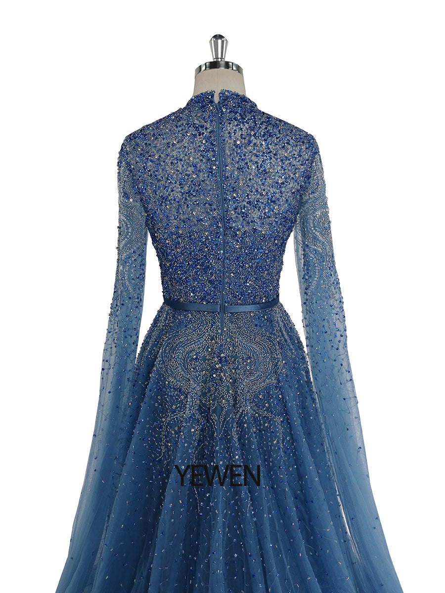 Blaue A-Linie High-End Perlen Luxus Cape Ärmel Abendkleider YEWEN 