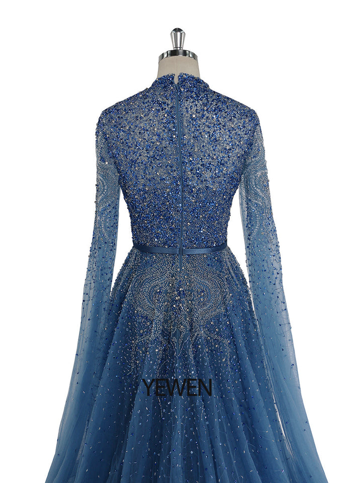 Blaue A-Linie High-End Perlen Luxus Cape Ärmel Abendkleider YEWEN 