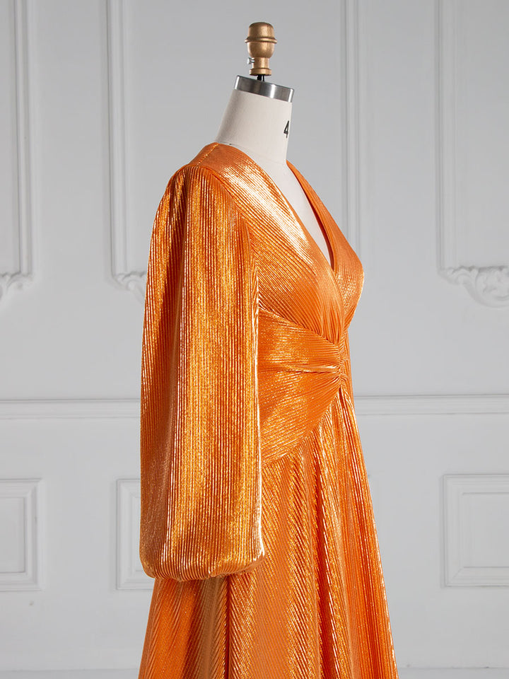 A-line , V Neck, Floor Length, Prom Dresses with Long Sleeves