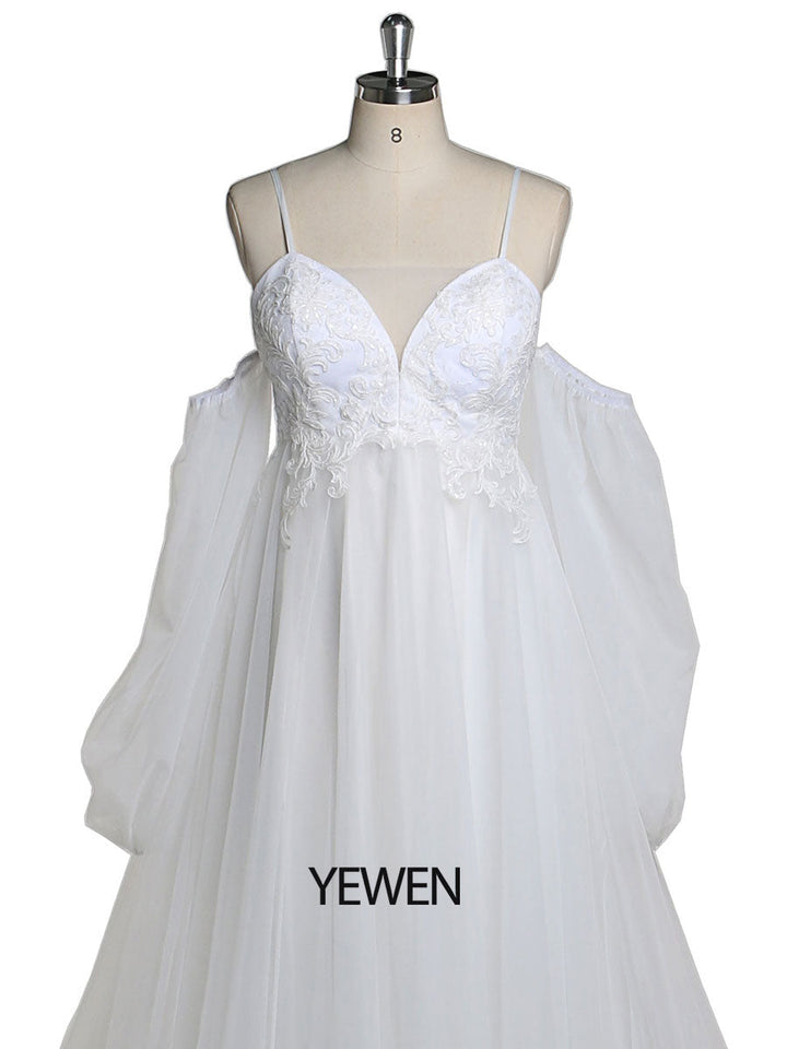 Boho-Stil V-Ausschnitt Tüll Umstandsbrautkleid Spitzenbrautkleid mit langer Schleppe YEWEN