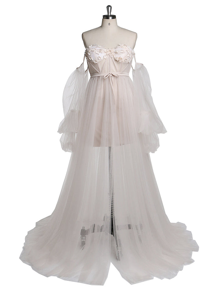 Long Sleeves Off Shoulder Floor Length Slipt Front Tulle Prom Gown