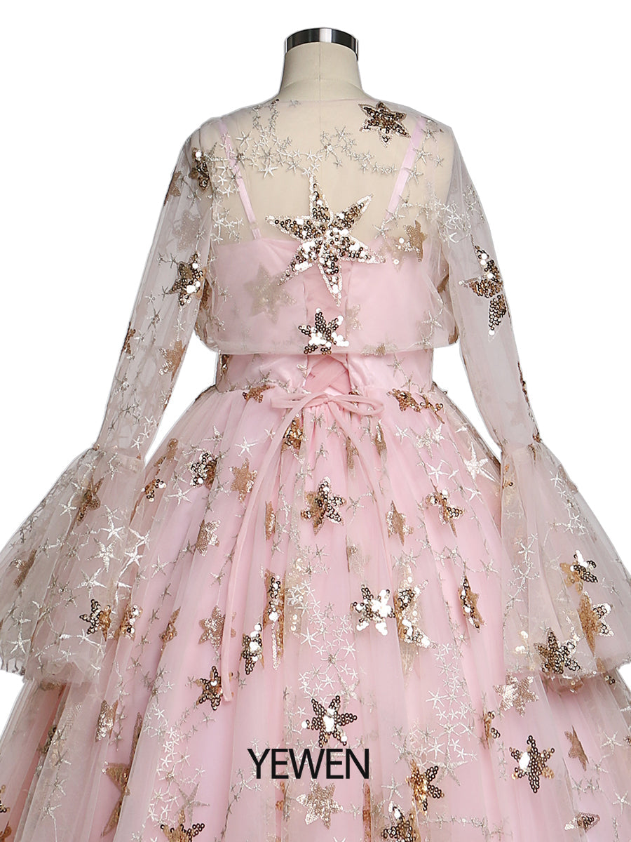 Champagner Stern Tüll Blumenmädchenkleider mit kleinem Umhang für Hochzeiten Geburtstagsfeiern Prinzessin Kinder Fotoshooting Kleid YEWEN YW211225 