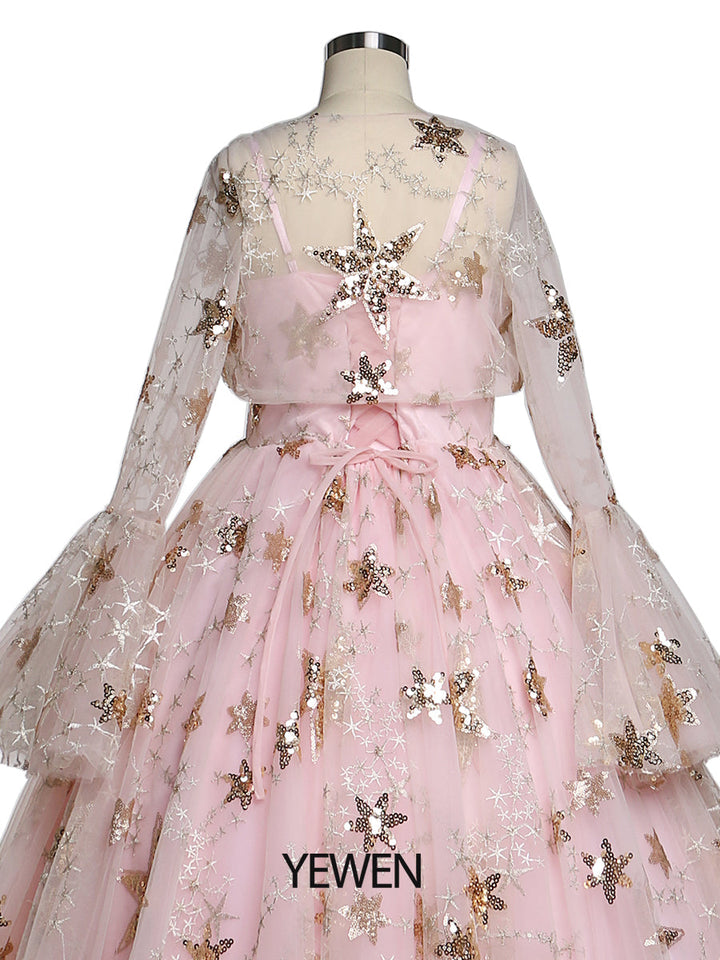 Champagner Stern Tüll Blumenmädchenkleider mit kleinem Umhang für Hochzeiten Geburtstagsfeiern Prinzessin Kinder Fotoshooting Kleid YEWEN YW211225 