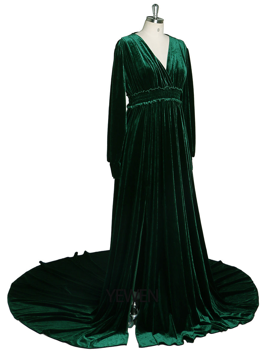 Winter-Abendkleid aus Samt mit V-Ausschnitt, langen Ärmeln, Stretch-Taille, seitlicher Schlitz, Fotoshooting-Kleid, Umstandskleider YD211030 