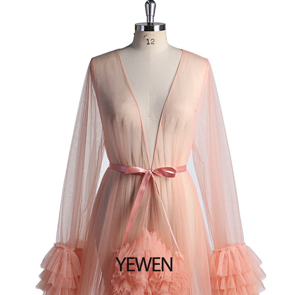 Lachsfarbenes Tüll-Abendkleid mit langen Ärmeln, Umstandskleid, Foto-Shooting, Foto-Requisiten, Fotografie-Kleid, YW231059 