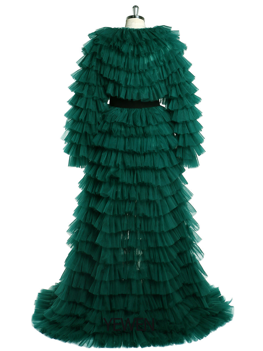 Grünes Abendkleid, Ballkleid, Tüll, gestuftes Langarm-Maxikleid für Damen