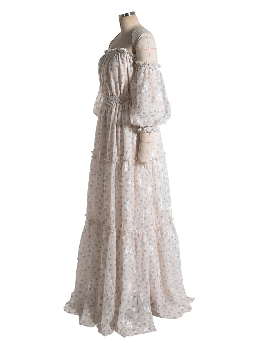 Off Shoulder, Printed Chiffon Dress for Photo Shoot, Woman Maxi Dress