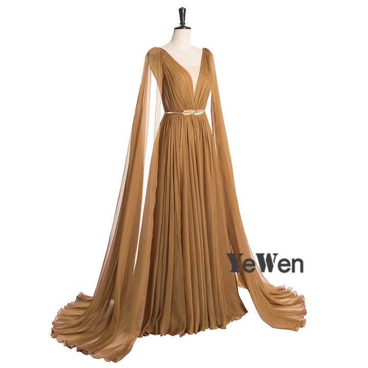 Chiffonkleid mit höherer Taille, V-Ausschnitt, Cape-Ärmel, elegantes Party-Maxikleid, Umstandskleid mit Schnürung